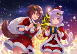 Rule 34 | 2girls, :3, ahoge, animal ear fluff, animal ears, bell, belt, black belt, blurry, blurry background, blush, bone hair ornament, bow, box, braid, brown eyes, brown hair, capelet, cartoon bone, cat ears, cat girl, cat tail, christmas, christmas lights, christmas tree, commentary, cowboy shot, dog ears, dog tail, dot nose, dress, dutch angle, fang, fangs, fukahire (ruinon), fur-trimmed headwear, fur trim, gift, gift bag, gift box, green bow, hair bell, hair between eyes, hair ornament, hairclip, hat, holding, holding gift, hololive, inugami korone, long hair, looking at viewer, looking back, low twin braids, multiple girls, nail polish, nekomata okayu, night, o-ring, o-ring belt, official alternate costume, open mouth, outdoors, over shoulder, plaid capelet, pom pom (clothes), purple eyes, purple hair, red capelet, santa costume, santa dress, santa hat, short hair, shorts, snow, sparkling eyes, star (symbol), star hair ornament, tail, thighhighs, twin braids, virtual youtuber, yellow nails