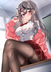 Rule 34 | 1girl, absurdres, black choker, black hair, blurry, blurry background, blush, bow, bowtie, breasts, brown pantyhose, button gap, cardigan, chierishu, choker, cleavage, collared shirt, commentary, crossed legs, desk, ear piercing, feet out of frame, grey hair, hair ornament, hairclip, highres, hololive, indoors, large breasts, long hair, long sleeves, looking at viewer, multicolored hair, o-ring, o-ring choker, off shoulder, on desk, pantyhose, parted lips, piercing, pink cardigan, plaid, plaid bow, plaid bowtie, plaid skirt, red bow, red bowtie, red eyes, red nails, red skirt, sakamata chloe, school desk, school uniform, shirt, sitting, skirt, solo, streaked hair, thighband pantyhose, virtual youtuber, white shirt, x hair ornament