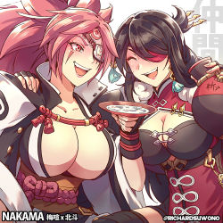 Rule 34 | 2girls, alcohol, amputee, arc system works, baiken, beidou (genshin impact), big hair, black jacket, black kimono, breasts, cleavage, colored eyepatch, crossover, cup, eyepatch, closed eyes, facial tattoo, genshin impact, guilty gear, hair ornament, hair stick, hairpin, holding, holding cup, holding plate, jacket, jacket on shoulders, japanese clothes, kimono, large breasts, long hair, looking at another, multicolored clothes, multicolored kimono, multiple girls, one-eyed, one eye covered, open clothes, open kimono, open mouth, pink hair, plate, ponytail, red eyes, richard suwono, samurai, sash, scar, scar across eye, scar on face, tattoo, trait connection, white kimono