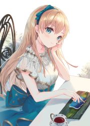 Rule 34 | 1girl, :t, blonde hair, blue bow, blue eyes, blue nails, blue skirt, blush, bow, breasts, closed mouth, commentary request, cup, hair between eyes, hair bow, head rest, head tilt, highres, long hair, looking at viewer, nail polish, original, pout, saucer, see-through, shirt, short sleeves, sitting, skirt, small breasts, solo, tea, teacup, very long hair, white shirt, yu-ri (arium047)