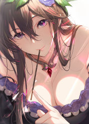 Rule 34 | 1girl, bare shoulders, black dress, blush, breasts, brown hair, cleavage, closed mouth, collarbone, dress, flower, food, granblue fantasy, hair between eyes, hair flower, hair ornament, highres, index finger raised, jewelry, kakage, large breasts, leaning forward, long hair, looking at viewer, mouth hold, neck ring, off-shoulder dress, off shoulder, pendant, pocky, purple eyes, purple flower, purple rose, rose, rosetta (granblue fantasy), smile, solo, sunlight