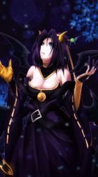 Rule 34 | 1girl, artist request, bandai, bare shoulders, bat (animal), bat symbol, bat wings, belt, black hair, black wings, blue eyes, breasts, bridal gauntlets, bustier, claws, demon girl, detached collar, detached sleeves, digimon, digimon crusader, eyeshadow, facial mark, female focus, forehead mark, hair bun, hair ornament, hand on own hip, horns, large breasts, lilithmon, makeup, multiple wings, nail polish, open mouth, pointy ears, seven great demon lords, sharp nails, single hair bun, solo, source request, tattoo, wings