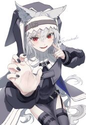 Rule 34 | 1girl, animal ear fluff, animal ears, artist name, black dress, black hat, black nails, black thighhighs, detached sleeves, dress, fang, grey hair, habit, hair between eyes, hat, highres, index finger raised, kemonomimi mode, long hair, long sleeves, looking at viewer, open mouth, pelvic curtain, red eyes, simple background, sitting, solo, specter (arknights), sutoa, thighhighs, very long hair, white background