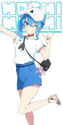 Rule 34 | 1girl, animal ear headwear, bag, baseball cap, belt, blue eyes, blue hair, blue shorts, blush, breasts, character doll, character name, choker, ear piercing, fake animal ears, grin, hand up, handbag, haseneko, hat, highres, hololive, hoshimachi suisei, looking at viewer, m/, medium hair, minato aqua, one eye closed, outstretched arm, piercing, platform footwear, sandals, shirt, shirt tucked in, short sleeves, shorts, side ponytail, small breasts, smile, solo, standing, standing on one leg, star (symbol), star in eye, symbol in eye, teeth, virtual youtuber, white background, white shirt