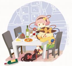 Rule 34 | alcohol, alternate hair color, bad id, bad pixiv id, black cat, black hat, blonde hair, blush, bottle, bow, cat, chair, cheese, commentary request, cup, curtains, drinking glass, drunk, eyeball, flower, food, green skirt, hair ornament, hairband, hat, hat bow, hat ribbon, heart, heart hair ornament, heart of string, holding, holding cup, kaenbyou rin, kaenbyou rin (cat), komeiji koishi, komeiji satori, long sleeves, moyo (amaniwa), pink hair, pizza, plant, plate, potted plant, ribbon, shoes, siblings, sisters, sitting, skirt, smile, solid oval eyes, table, third eye, touhou, twitter username, wide sleeves, window, wine, wine bottle, wine glass