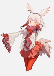 Rule 34 | 10s, 1girl, blunt bangs, cropped legs, fur collar, gloves, head wings, highres, japanese crested ibis (kemono friends), kemono friends, long sleeves, looking at viewer, multicolored hair, nonokuro, outstretched arm, pantyhose, pleated skirt, red gloves, red hair, red pantyhose, shirt, skirt, smile, solo, tail, two-tone hair, white hair, white shirt, wings, yellow eyes