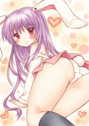 Rule 34 | 1girl, absurdres, all fours, animal ears, ass, bad id, bad pixiv id, bare shoulders, black socks, blush, closed mouth, commentary, feet out of frame, from behind, heart, heart background, highres, kneehighs, light purple hair, long hair, long sleeves, looking at viewer, panties, partially undressed, pink skirt, rabbit ears, rabbit girl, rabbit tail, red eyes, reisen udongein inaba, ria (pixiv30053072), shirt, skirt, smile, socks, solo, tail, thighs, touhou, traditional media, underwear, white panties, white shirt