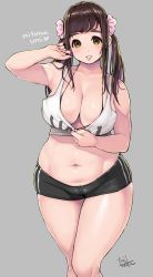 Rule 34 | 1girl, bike shorts, blush, breasts, brown hair, cameltoe, cleavage, cowboy shot, grey background, highres, large breasts, lips, long hair, looking at viewer, navel, open mouth, plump, real life, smile, solo, thick thighs, thighs, tsuji santa, twintails, voice actor, wide hips, yellow eyes