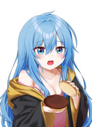 Rule 34 | 1girl, absurdres, blue eyes, blue hair, blush, breasts, burger, cleavage, collarbone, elie wayne, food, highres, jan azure, large breasts, long hair, looking at viewer, open mouth, original, pink tank top, simple background, solo, tank top, upper body, white background