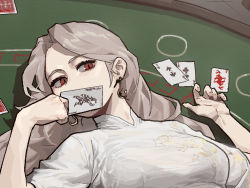 Rule 34 | 1girl, blush, breasts, card, collar, ear piercing, earrings, gogalking, grey hair, holding, holding card, jewelry, joker (playing card), long hair, looking at viewer, lying, on back, original, piercing, playing card, red eyes, solo, table, upper body