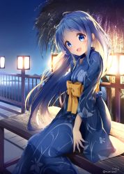 Rule 34 | 1girl, :d, ahoge, alternate costume, backlighting, beads, bench, blue eyes, blue hair, blue kimono, blush, bow, bridge, commentary request, floral print, head tilt, highres, japanese clothes, kantai collection, kimono, lake, lantern, light, long hair, long sleeves, looking at viewer, night, night sky, nyum, open mouth, outdoors, railing, samidare (kancolle), sitting, sky, smile, solo, tareme, tree, twitter username, very long hair, wide sleeves, yellow bow, yukata