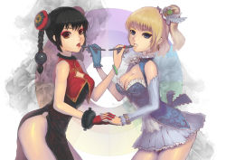 Rule 34 | 2girls, blonde hair, blue eyes, braid, breasts, brown eyes, charimei, china dress, chinese clothes, cleavage, detached sleeves, dress, earrings, eyeshadow, fingernails, gloves, holding hands, interlocked fingers, jewelry, large breasts, legs, lipstick, makeup, multiple girls, nail polish, oekaki musume, original, pen, ponytail, purple nails, red hair, red nails, symmetrical hand pose, symmetry, twin braids