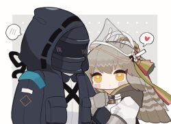 Rule 34 | 1girl, 1other, arknights, arm hug, black jacket, brown hair, commentary request, doctor (arknights), fartooth (arknights), gauntlets, grey background, heart, highres, hood, hood up, hooded jacket, jacket, long hair, long sleeves, open clothes, open jacket, orange eyes, puffy long sleeves, puffy sleeves, see-through, shirt, someyaya, spoken blush, spoken heart, two-tone background, upper body, visor (armor), white background, white jacket, white shirt