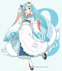 Rule 34 | 1girl, agonasubi, aqua background, aqua hair, artist name, blue eyes, blue skirt, borrowed design, braid, character name, colored tips, commentary, food-themed hair ornament, full body, fur-trimmed kimono, fur trim, geta, hair ornament, hair stick, hatsune miku, highres, japanese clothes, kimono, lace-trimmed sleeves, lace trim, layered clothes, layered kimono, leg up, long hair, looking at viewer, multicolored hair, pink kimono, red hair, roe, scallop, shiso (plant), skirt, sleeves past wrists, smile, snow print, snowflake print, solo, standing, standing on one leg, tabi, twintails, very long hair, vocaloid, wasabi, white hair, white kimono, wide sleeves, yuki miku, yuki miku (2022) (candidate no.3)