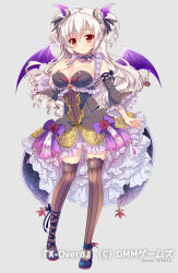 Rule 34 | 1girl, artist name, bat wings, black footwear, breasts, brown thighhighs, cleavage, copyright name, demon girl, demon horns, detached sleeves, fairu-la-lira, frills, full body, hand on breast, hinata momo, horns, official art, red eyes, shoes, solo, standing, thighhighs, white hair, wings, x-overd