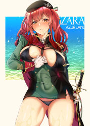 Rule 34 | 1girl, asakawa (outeq), azur lane, bad id, bad twitter id, beret, bikini, bikini under clothes, black bikini, black hat, blush, breasts, cape, character name, cleavage, clothes tug, covered navel, cowboy shot, dress, green hat, hat, holding, holding sword, holding weapon, large breasts, long hair, looking at viewer, lowleg, lowleg bikini, multi-strapped bikini, o-ring, o-ring bikini, o-ring bottom, o-ring top, outside border, parted lips, red cape, red hair, short dress, skindentation, smile, solo, string bikini, swimsuit, sword, taut clothes, taut dress, thighs, twintails, weapon, wet, zara (azur lane), zara (poolside coincidence) (azur lane)