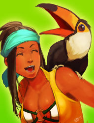 Rule 34 | 1girl, artist name, bad id, bad tumblr id, baire, bird, breasts, brown hair, cleavage, coco (kof), dark skin, dark-skinned female, closed eyes, green background, headband, large breasts, o-ring, o-ring top, open mouth, ponytail, portrait, simple background, solo, teeth, the king of fighters, the king of fighters xiv, toucan, zarina