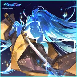 Rule 34 | 1girl, absurdres, blue hair, blue skin, closed mouth, colored skin, closed eyes, facing viewer, hands up, highres, holding, holding sword, holding weapon, long hair, long sleeves, original, solo, sword, upper body, vexxxxa, weapon