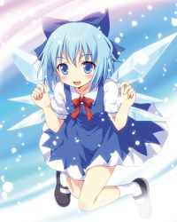 Rule 34 | 1girl, :d, arms up, blue dress, blue eyes, blue hair, blush, bow, cirno, dress, fang, hair bow, looking at viewer, mary janes, matching hair/eyes, open mouth, perfect cherry blossom, shirt, shoes, short hair, smile, snow, solo, touhou, wings, yamasan