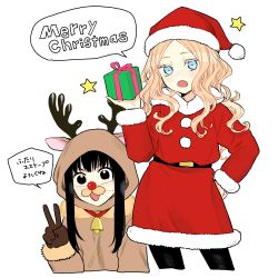 Rule 34 | 2girls, absurdres, animal costume, antlers, black eyes, black hair, black legwear, blonde hair, blue eyes, brown gloves, commentary request, cropped legs, cropped torso, english text, fake nose, fang, futari escape, gift, gloves, hand up, hat, highres, holding, holding gift, horns, kouhai (futari escape), long hair, long sleeves, merry christmas, multiple girls, official art, open mouth, pantyhose, reindeer antlers, reindeer costume, santa costume, santa hat, senpai (futari escape), sidelocks, simple background, speech bubble, star (symbol), taguchi shouichi, translation request, v, white background
