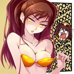 Rule 34 | 2girls, artist name, bikini, breasts, chibi, cleavage, commentary, english commentary, haysey, highres, kujikawa rise, medium breasts, multiple girls, open mouth, persona, persona 4, red hair, shadow (persona), shadow rise, shiny skin, shouting, simple background, sweatdrop, swimsuit, twintails, yellow bikini, yellow eyes