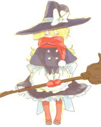 Rule 34 | 1girl, bad drawr id, bad id, blonde hair, broom, broom riding, capelet, closed eyes, drawr, female focus, full body, hat, kirisame marisa, mittens, oekaki, pantyhose, perfect cherry blossom, red mittens, red pantyhose, scarf, simple background, solo, touhou, white background, witch, witch hat