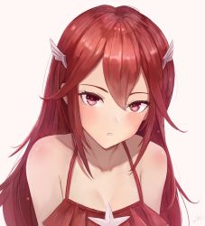 Rule 34 | 1girl, bare shoulders, bikini, blush, breasts, cordelia (fire emblem), cordelia (summer) (fire emblem), fire emblem, fire emblem awakening, fire emblem heroes, hair ornament, leonmandala, long hair, looking at viewer, nintendo, parted lips, red eyes, red hair, simple background, small breasts, solo, swimsuit, very long hair, white background