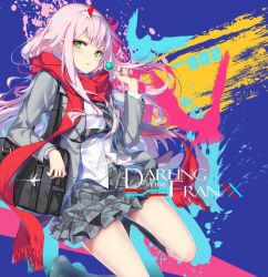 Rule 34 | 1girl, bag, bag charm, blush, candy, character name, charm (object), copyright name, darling in the franxx, eyeshadow, food, glint, green eyes, grey jacket, grey skirt, grey socks, holding, hong (white spider), horns, jacket, lollipop, long hair, long sleeves, looking at viewer, makeup, nail polish, open clothes, open jacket, parted lips, pink hair, pink nails, plaid, plaid skirt, red scarf, scarf, school bag, school uniform, shirt, shoes, shoulder bag, skirt, socks, solo, white shirt, zero two (darling in the franxx)