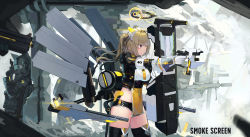 Rule 34 | 1girl, 1other, absurdres, black jacket, black shorts, black thighhighs, blonde hair, breasts, cowboy shot, crop top, cropped jacket, gun, hair intakes, headgear, heterochromia, highres, holding, hood, hood down, hooded jacket, jacket, large breasts, long hair, looking away, machinery, mecha musume, mechanical wings, micro shorts, midriff, natori youkai, one side up, open clothes, open jacket, original, purple eyes, shield, shirt, shorts, solo focus, standing, thighhighs, thighs, underbust, weapon, white shirt, wings, yellow eyes