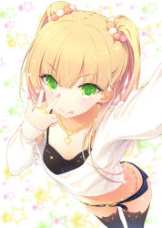 Rule 34 | 10s, 1girl, :p, black thighhighs, blonde hair, blush, commentary request, earrings, eyelashes, green eyes, hair bobbles, hair ornament, idolmaster, idolmaster cinderella girls, jewelry, jougasaki rika, long hair, long sleeves, looking at viewer, nail polish, necklace, reaching, reaching towards viewer, selfie, show (rinnetenshow), sleeves past wrists, smile, solo, sweater, thighhighs, tongue, tongue out, two side up, v