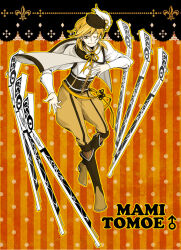 Rule 34 | 1boy, 512ram, ;), beret, blonde hair, cape, character name, corset, genderswap, genderswap (ftm), gun, hat, jodhpurs, mahou shoujo madoka magica, male focus, mars symbol, one eye closed, orange background, outline, outstretched hand, pants, patterned background, rifle, smile, solo, striped, tomoe mami, vertical stripes, weapon, yellow eyes, yellow outline