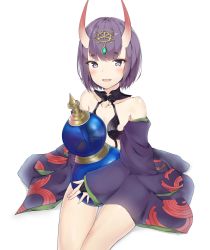 Rule 34 | 1girl, adore (adoredesu), blush, bottle, collarbone, fang, fate/grand order, fate (series), flat chest, headpiece, highres, holding, holding bottle, horns, japanese clothes, kimono, looking at viewer, open clothes, open kimono, open mouth, purple hair, purple kimono, revealing clothes, sake bottle, short hair, shuten douji (fate), simple background, sitting, skin-covered horns, smile, solo, thick eyebrows, thighs, tsurime, white background