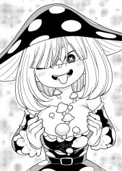 Rule 34 | 1girl, boku no hero academia, breasts, breasts squeezed together, cleavage, commentary request, dress, hair over one eye, highres, komori kinoko, large breasts, mushroom hat, mushroom on head, o den, open mouth, polka dot, polka dot dress, smile, solo, symbol-shaped pupils, tongue, tongue out, underwear, x-shaped pupils