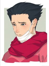 Rule 34 | 1boy, ace attorney, black hair, border, closed mouth, crying, green background, green eyes, highres, kune akiro, male focus, mask, mouth mask, phoenix wright, portrait, red scarf, red shirt, scarf, shirt, short hair, solo, tears, white border