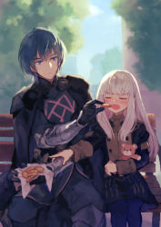 Rule 34 | 1boy, 1girl, armor, atsumu, bench, black cape, black dress, black pantyhose, blue eyes, blue hair, blush, byleth (fire emblem), byleth (male) (fire emblem), cape, closed eyes, closed mouth, cookie, day, dress, embarrassed, epaulettes, feeding, feet out of frame, fire emblem, fire emblem: three houses, food, gloves, hair ornament, height difference, highres, holding, holding food, jacket, juliet sleeves, long hair, long sleeves, lysithea von ordelia, nintendo, on bench, open mouth, outdoors, outstretched arm, pantyhose, park bench, pink eyes, pink hair, puffy sleeves, short hair, shuu (fuhm7757), sidelocks, simple background, sitting, stuffed animal, stuffed toy, sweat, teddy bear, tree, uniform, upper body, v-shaped eyebrows, vambraces, white hair, wrapper