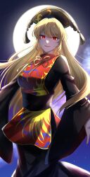 Rule 34 | 1girl, belt, blonde hair, chinese clothes, crescent print, full moon, highres, junko (touhou), long hair, long sleeves, moon, red eyes, red tabard, smile, tabard, touhou