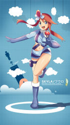 Rule 34 | 10s, 1girl, blue background, blue eyes, blue footwear, boots, breasts, cannon, cloud, creatures (company), game freak, gloves, gym leader, hair ornament, holding, holding poke ball, leg up, long hair, medium breasts, midriff, navel, nintendo, open mouth, poke ball, pokemon, pokemon bw, red hair, shorts, skyla (pokemon), smile, solo, southern-panda, suspenders, vivivoovoo