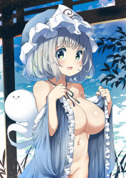 Rule 34 | 1girl, :3, :o, bare shoulders, black ribbon, blue hat, blue kimono, blue sky, blush, breasts, cleavage, cloud, collarbone, cowboy shot, day, frilled kimono, frills, hat, highres, hitodama, japanese clothes, kimono, konpaku youmu, konpaku youmu (ghost), large breasts, long sleeves, looking at viewer, mob cap, navel, neck ribbon, no bra, no panties, off shoulder, open clothes, open kimono, open mouth, outdoors, pegashi, ribbon, saigyouji yuyuko, short hair, silver hair, sky, solo, stomach, sweat, torii, touhou, triangular headpiece, undressing, veil, wide sleeves, yellow eyes
