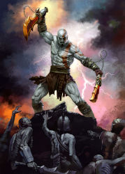 Rule 34 | 1boy, blade, chain, epic, god of war, helmet, itou satoshi, kratos (god of war), male focus, manly, mythology, pale skin, pteruges, skull, solo, spartan, sword, tattoo, undead, weapon, zombie