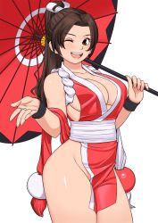 Rule 34 | 1girl, breasts, fatal fury, highres, large breasts, no bra, no panties, oil-paper umbrella, parted bangs, pelvic curtain, ponytail, revealing clothes, shiranui mai, simple background, smile, solo, thighs, umbrella, white background