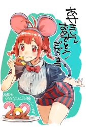Rule 34 | 1girl, animal ears, bent over, bow, bowtie, braid, breasts, bright pupils, collared shirt, cowboy shot, doughnut, fake animal ears, food, food on face, hairband, hand up, high-waist shorts, highres, large breasts, looking at viewer, mouse ears, mouse tail, nonco, original, outline, plate, puffy short sleeves, puffy sleeves, red bow, red bowtie, red eyes, red hair, shirt, short hair, short sleeves, shorts, smile, solo, tail, translation request, twin braids, twintails, white outline, white pupils, white shirt, wing collar