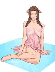 Rule 34 | 1girl, aerith gainsborough, bare arms, barefoot, bathsheb art, breasts, brown hair, cleavage, dress, final fantasy, final fantasy vii, final fantasy vii remake, full body, green eyes, hair ribbon, highres, legs, lingerie, looking at viewer, medium breasts, negligee, parted bangs, pink dress, pink negligee, pink ribbon, ribbon, short dress, sidelocks, sitting, smile, solo, square enix, twitter username, underwear, wavy hair, white background