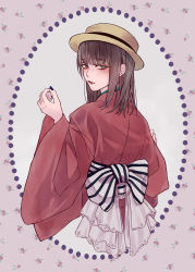 Rule 34 | 1girl, absurdres, blue eyes, blue nails, blunt bangs, boater hat, bow, brown hair, floral background, framed, from behind, hands up, highres, japanese clothes, kimono, looking at viewer, looking back, medium hair, mole, mole under mouth, nail polish, original, ribbon, siratama o, solo, striped