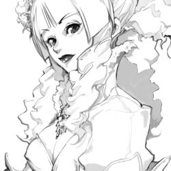 Rule 34 | 1girl, blunt bangs, breasts, cleavage, dress, expressionless, falcoon, flower, gem, greyscale, jewelry, large breasts, lips, looking at viewer, lowres, monochrome, necklace, original, pendant, short hair, solo, upper body