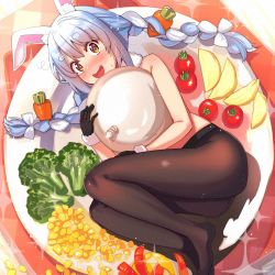 Rule 34 | absurdres, animal ear fluff, animal ears, ass, blue hair, blush, braid, carrot, commentary, corn, covering privates, covering breasts, food, gloves, hair ribbon, highres, hololive, long hair, looking at viewer, multicolored hair, open mouth, orange eyes, pantyhose, plate, rabbit ears, rabbit girl, ribbon, solo, thick eyebrows, tomato, tonarikeru, twin braids, usada pekora, usada pekora (1st costume), virtual youtuber