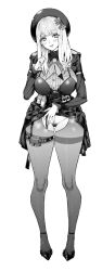Rule 34 | 1girl, blush, bow, breasts, clothes lift, emma (nikke), female pubic hair, full body, goddess of victory: nikke, greyscale, hair bow, hat, large breasts, lifted by self, long hair, long sleeves, looking at viewer, monochrome, mushi024, pantyhose, pouch, pubic hair, shirt, shoes, skirt, skirt lift, smile, solo, standing, thigh pouch, thighband pantyhose