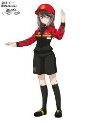 Rule 34 | 10s, 1girl, absurdres, baseball cap, black footwear, black shorts, black socks, brown eyes, brown hair, dated, employee uniform, full body, girls und panzer, hat, highres, jacket, kneehighs, logo, long hair, mika (girls und panzer), multicolored clothes, multicolored jacket, one-hour drawing challenge, red hat, shell (company), shiina excel, shorts, simple background, socks, solo, swept bangs, twitter username, two-tone jacket, uniform, white background