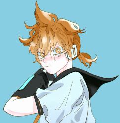 Rule 34 | 1boy, alternate eye color, black sailor collar, blonde hair, blue background, blush, bright pupils, closed mouth, commentary request, crying, crying with eyes open, detached sleeves, headphones, headset, highres, kagamine len, korean commentary, male focus, mangomelange, necktie, sad, sailor collar, short hair, tears, upper body, vocaloid, white pupils, yellow eyes, yellow necktie