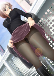 Rule 34 | 1girl, black pantyhose, blue eyes, blush, boots, breasts, brown hair, city, clothes lift, covered erect nipples, dutch angle, embarrassed, female pubic hair, from below, glasses, gusset, hiyoko daiou, jewelry, large breasts, legs, lens flare, mole, necklace, no panties, pantyhose, pubic hair, see-through, skirt, skirt lift, solo