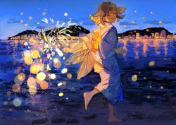Rule 34 | 1girl, :d, ^ ^, absurdres, barefoot, blonde hair, blue kimono, brown hair, buchi (qooo003), closed eyes, cloud, commentary request, facing viewer, fireworks, fireworks print, highres, holding, holding fireworks, japanese clothes, kimono, multicolored hair, night, night sky, ocean, open mouth, original, outdoors, print kimono, senkou hanabi, sky, skyline, smile, soles, solo, sparkler, standing, standing on one leg, two-tone hair